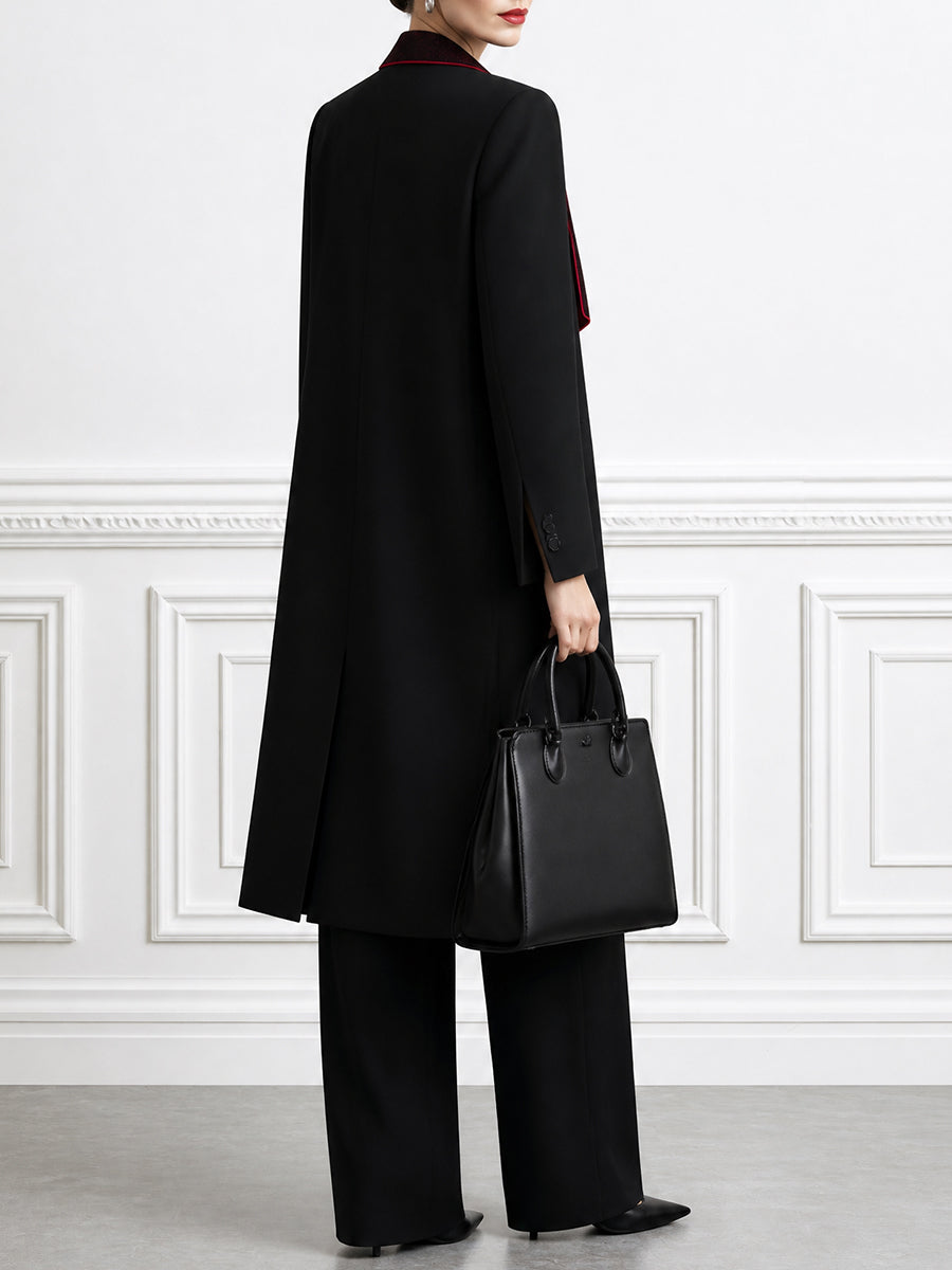 Contrast-Lapel Longline Coat, Top & Wide-Leg Pants Set