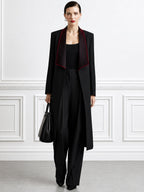Contrast-Lapel Longline Coat, Top & Wide-Leg Pants Set