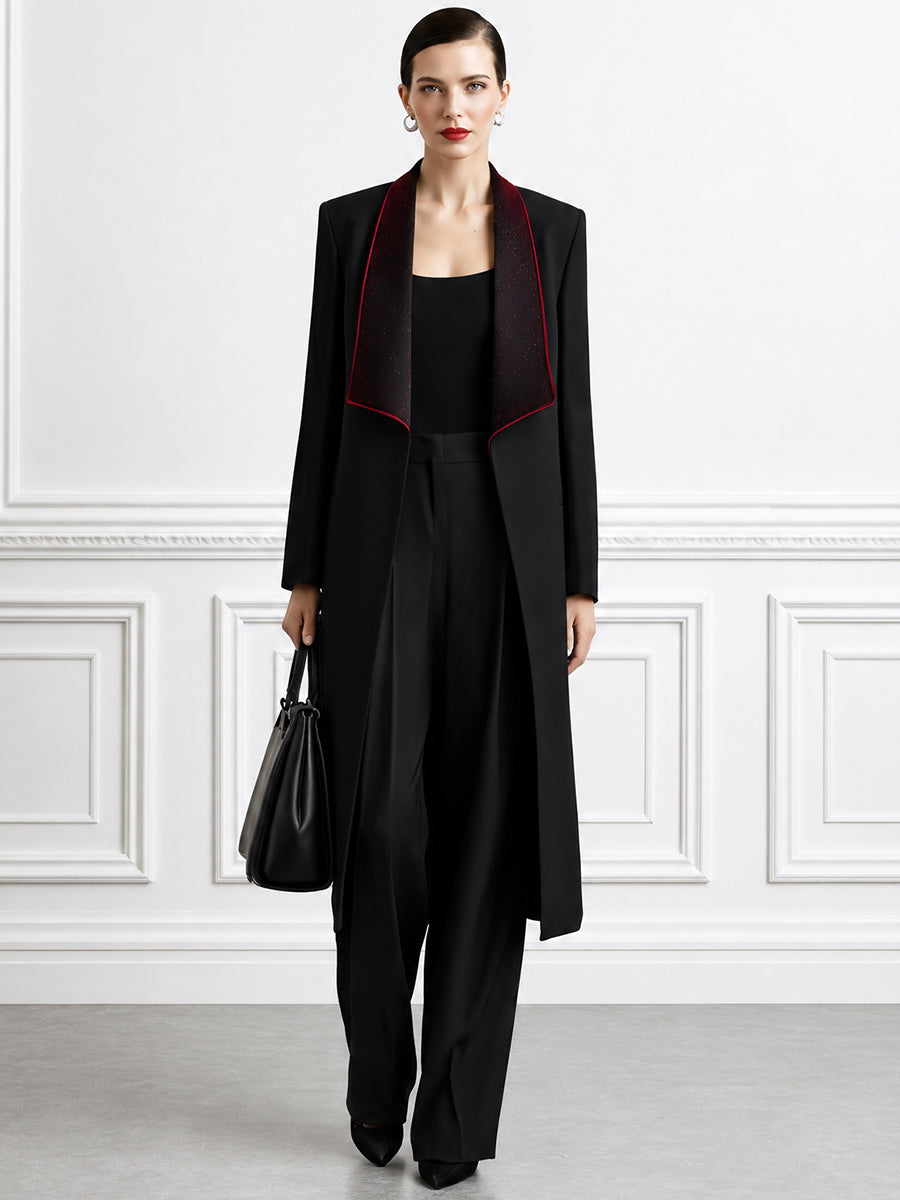 Contrast-Lapel Longline Coat, Top & Wide-Leg Pants Set