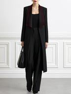 Contrast-Lapel Longline Coat, Top & Wide-Leg Pants Set