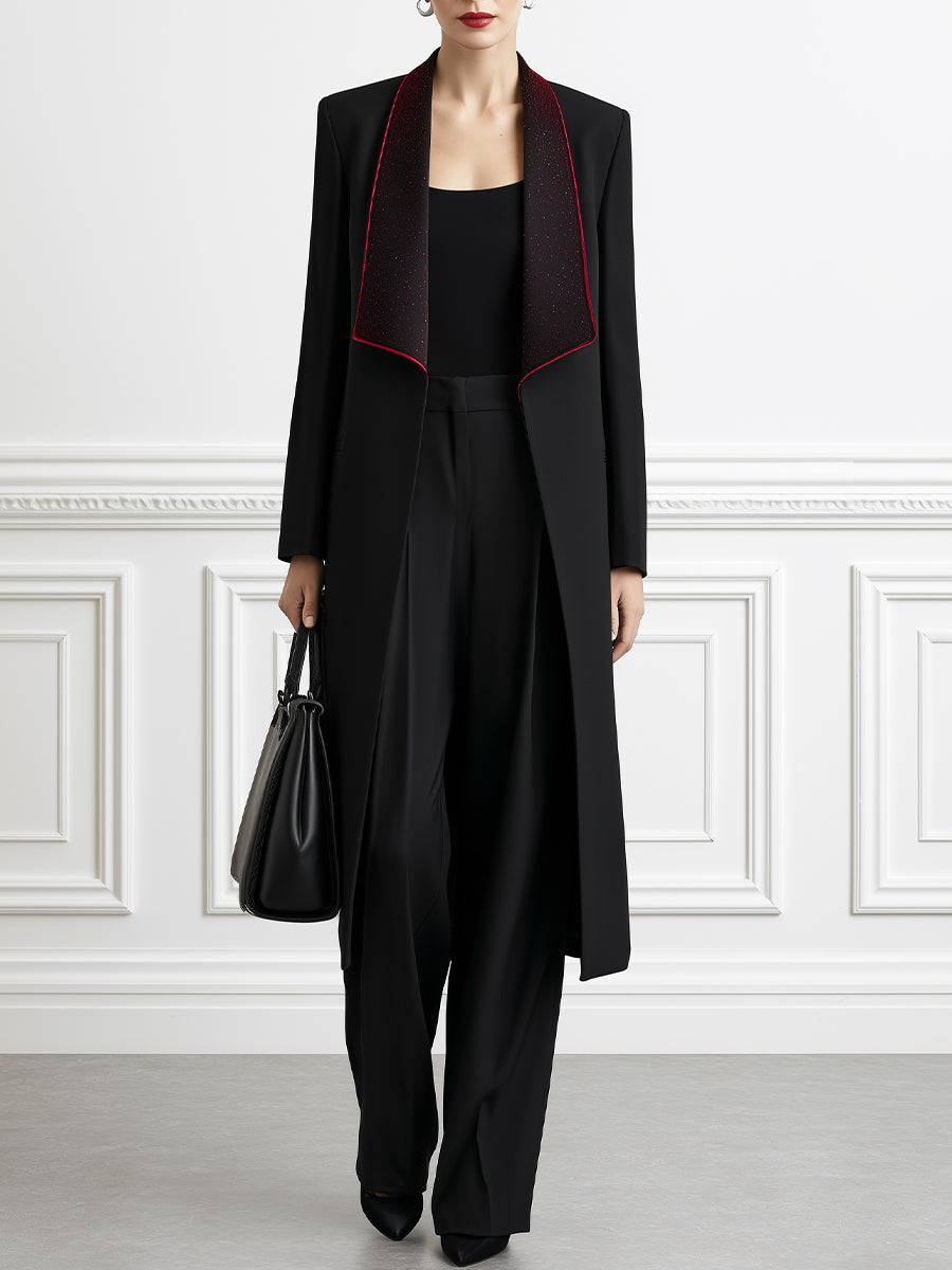 Contrast-Lapel Longline Coat, Top & Wide-Leg Pants Set