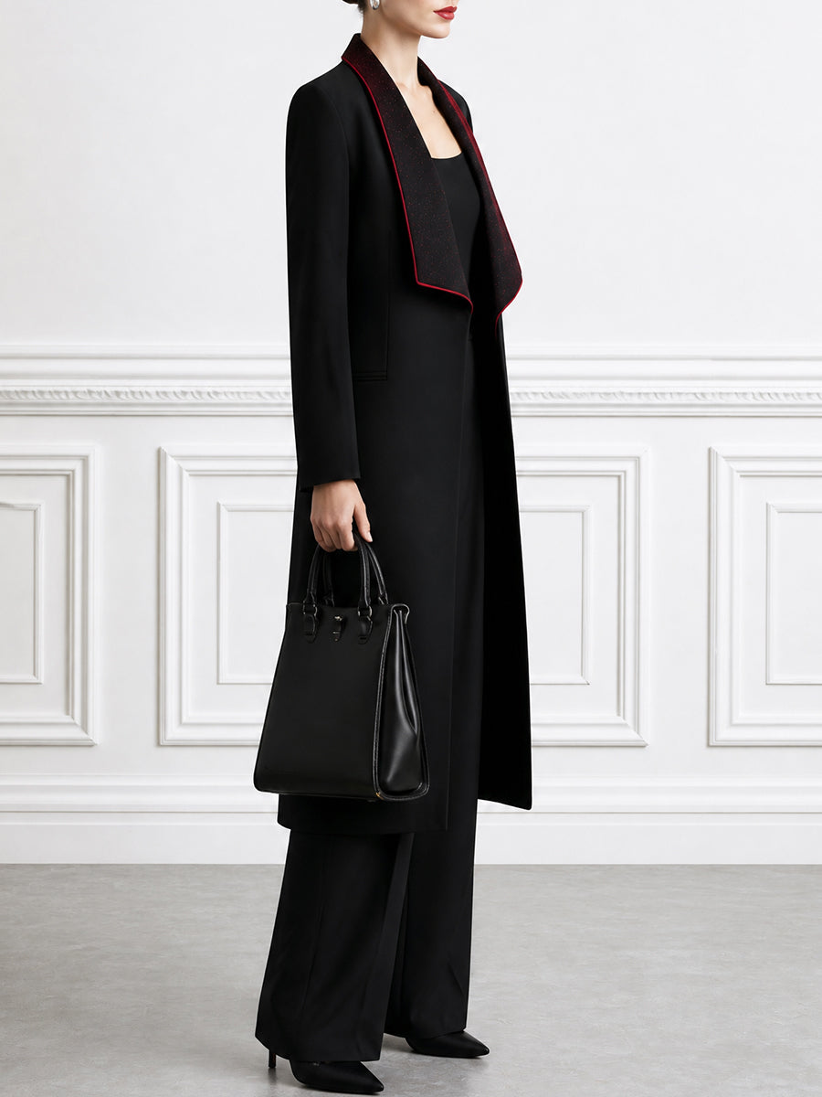 Contrast-Lapel Longline Coat, Top & Wide-Leg Pants Set