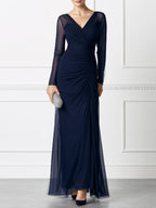 Elegant V-Neck Long Sleeve Ruched Mesh Evening Gown