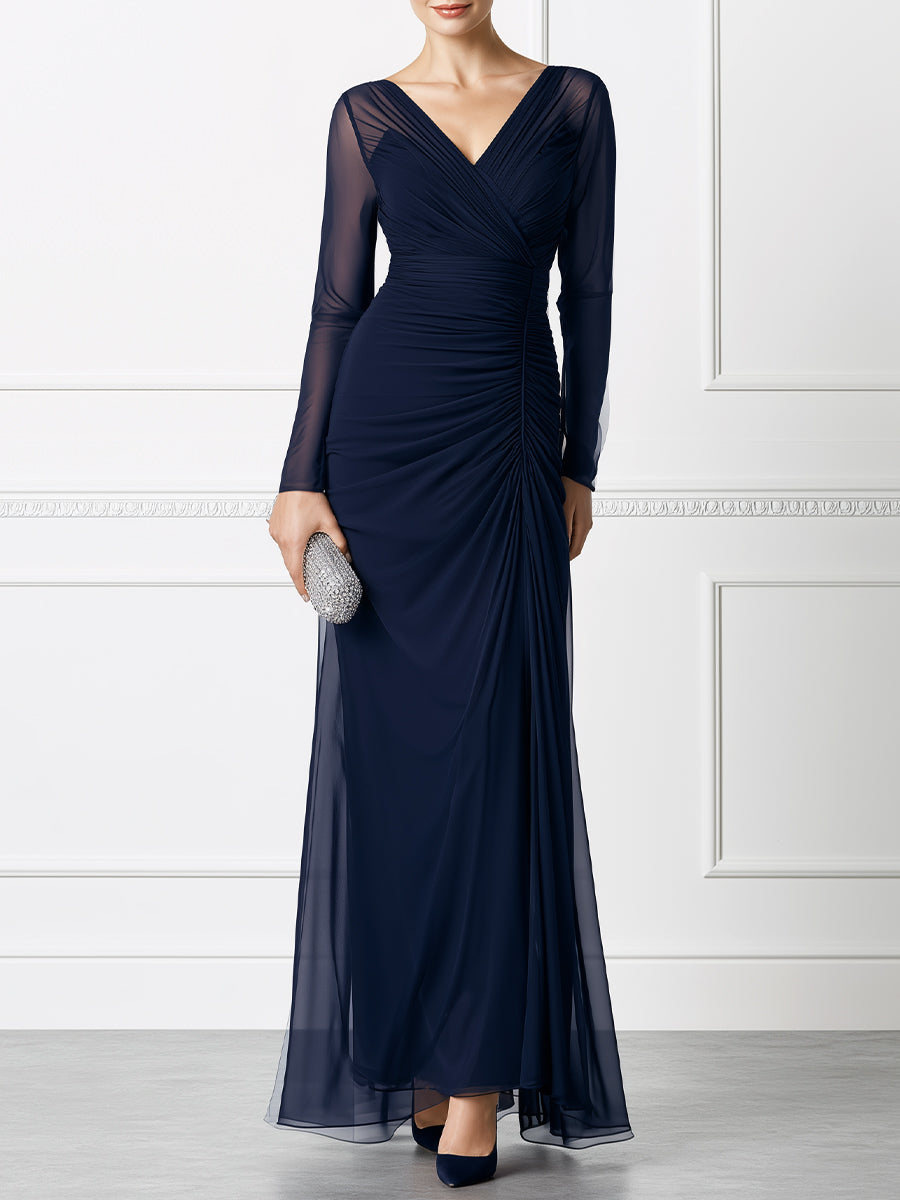 Elegant V-Neck Long Sleeve Ruched Mesh Evening Gown