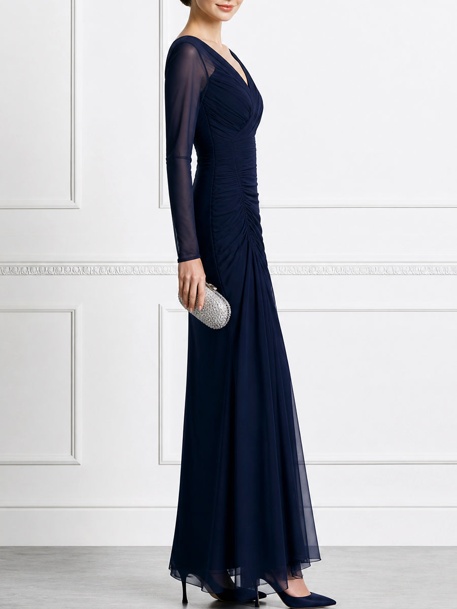 Elegant V-Neck Long Sleeve Ruched Mesh Evening Gown