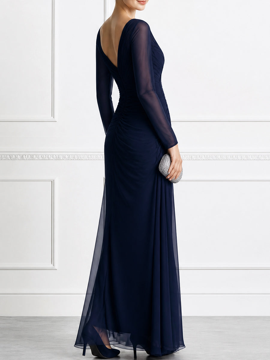Elegant V-Neck Long Sleeve Ruched Mesh Evening Gown