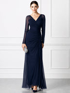 Elegant V-Neck Long Sleeve Ruched Mesh Evening Gown