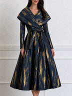 Metallic Brushstroke Shawl-Collar Belted Midi Dress