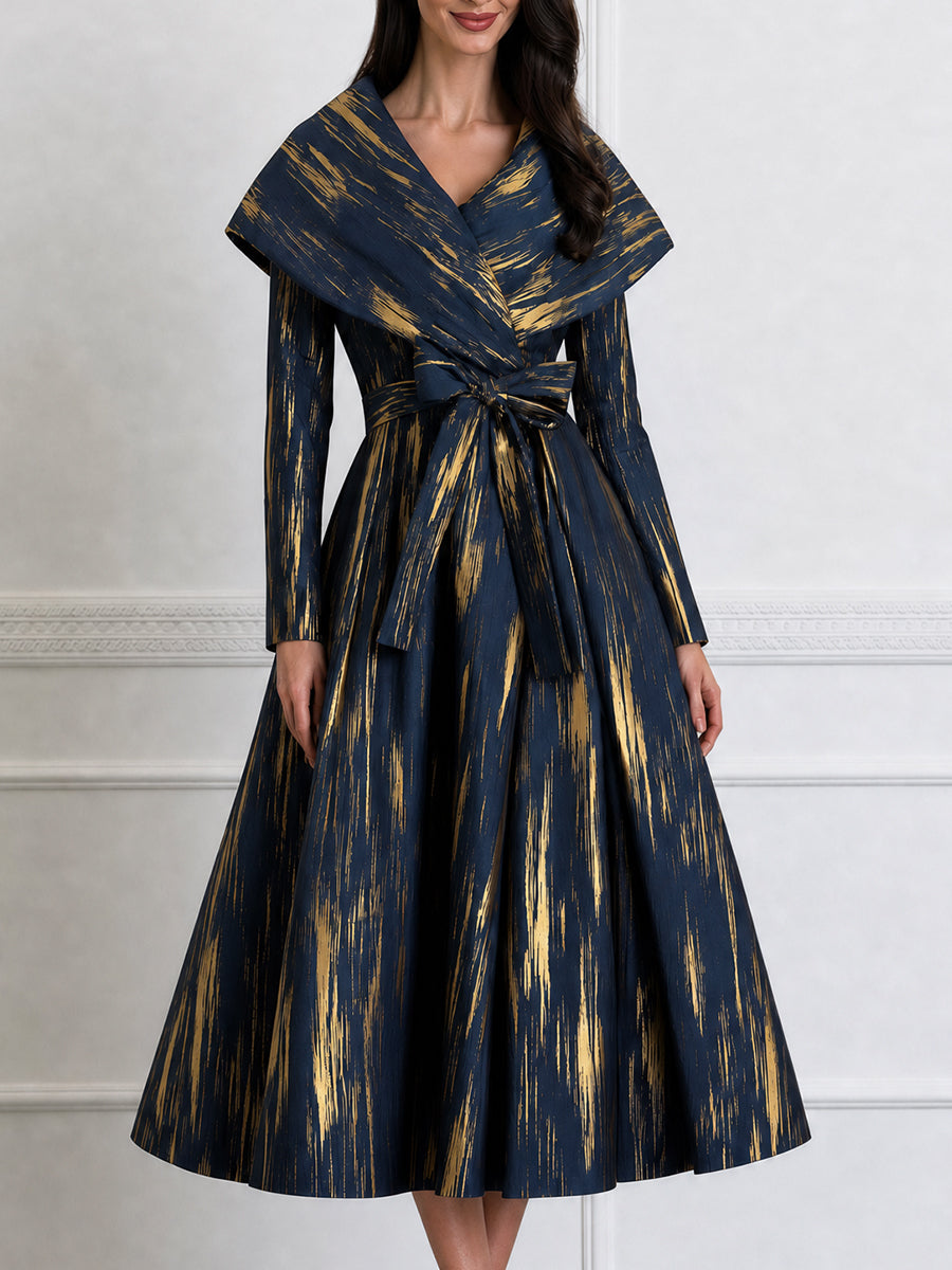 Metallic Brushstroke Shawl-Collar Belted Midi Dress