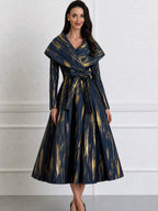 Metallic Brushstroke Shawl-Collar Belted Midi Dress