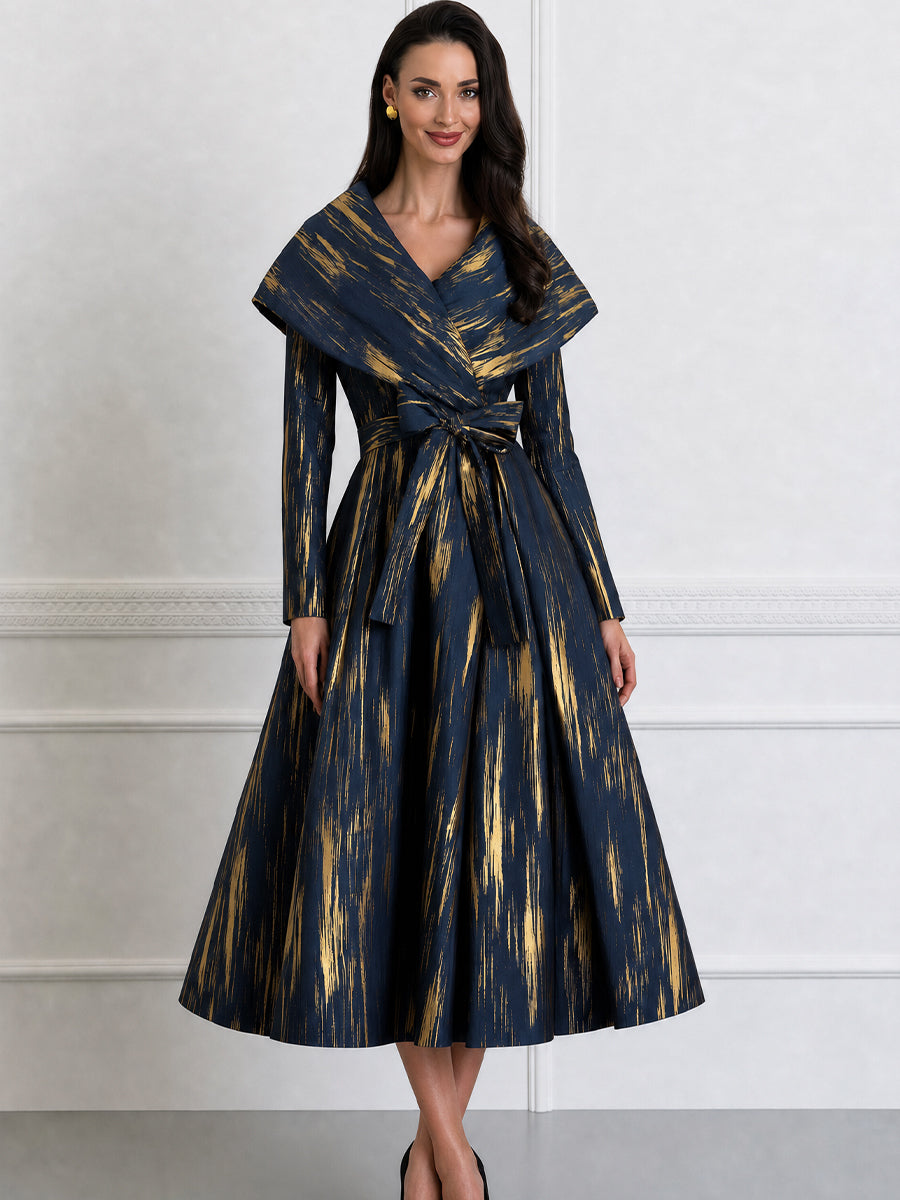 Metallic Brushstroke Shawl-Collar Belted Midi Dress
