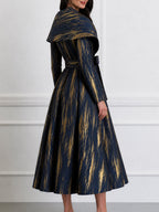 Metallic Brushstroke Shawl-Collar Belted Midi Dress