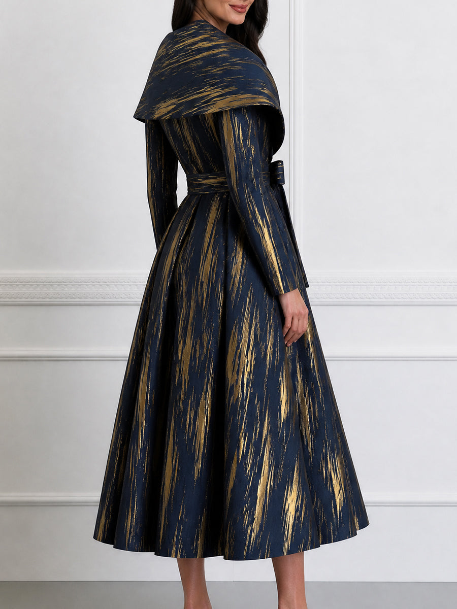 Metallic Brushstroke Shawl-Collar Belted Midi Dress