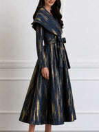 Metallic Brushstroke Shawl-Collar Belted Midi Dress