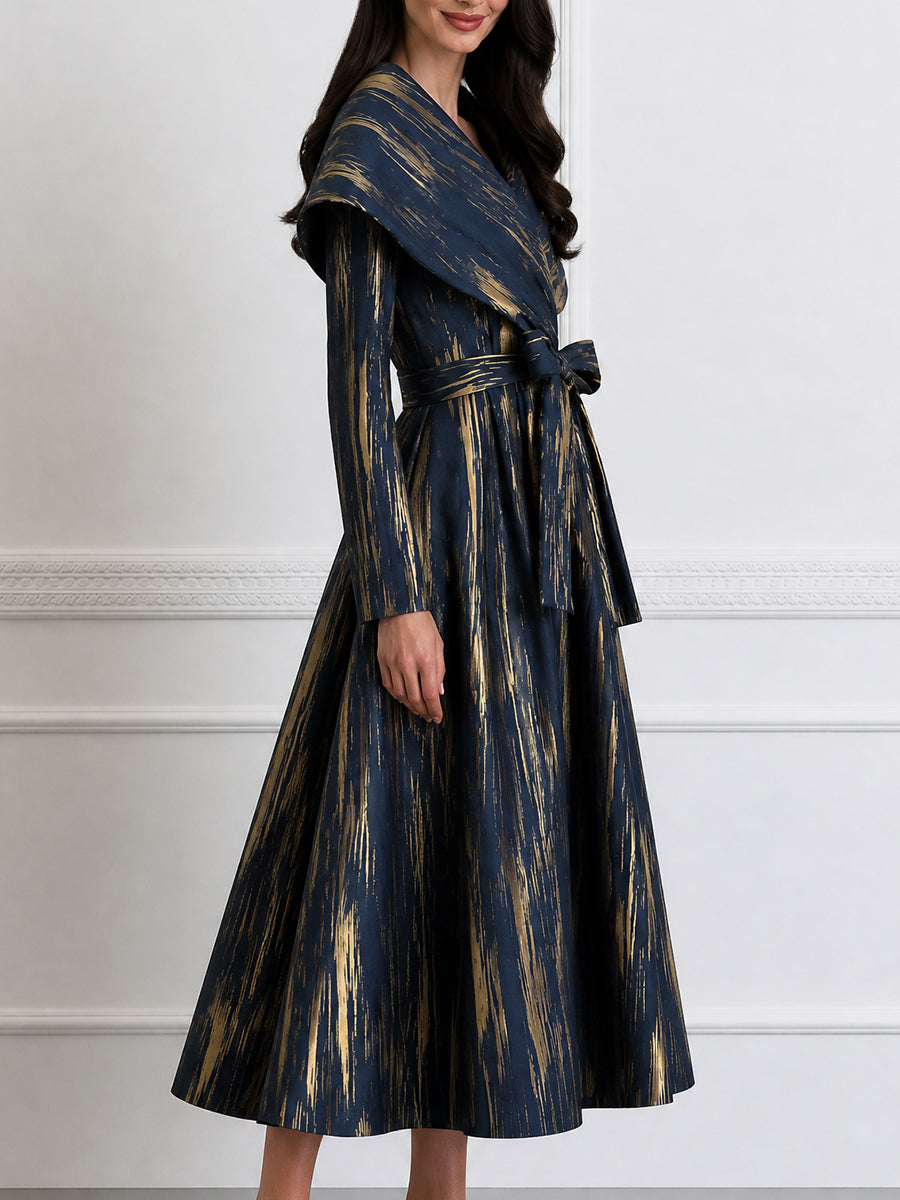 Metallic Brushstroke Shawl-Collar Belted Midi Dress
