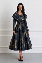 Metallic Brushstroke Shawl-Collar Belted Midi Dress