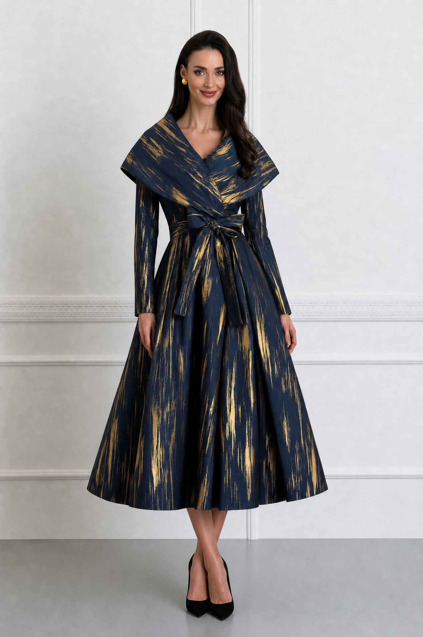 Metallic Brushstroke Shawl-Collar Belted Midi Dress