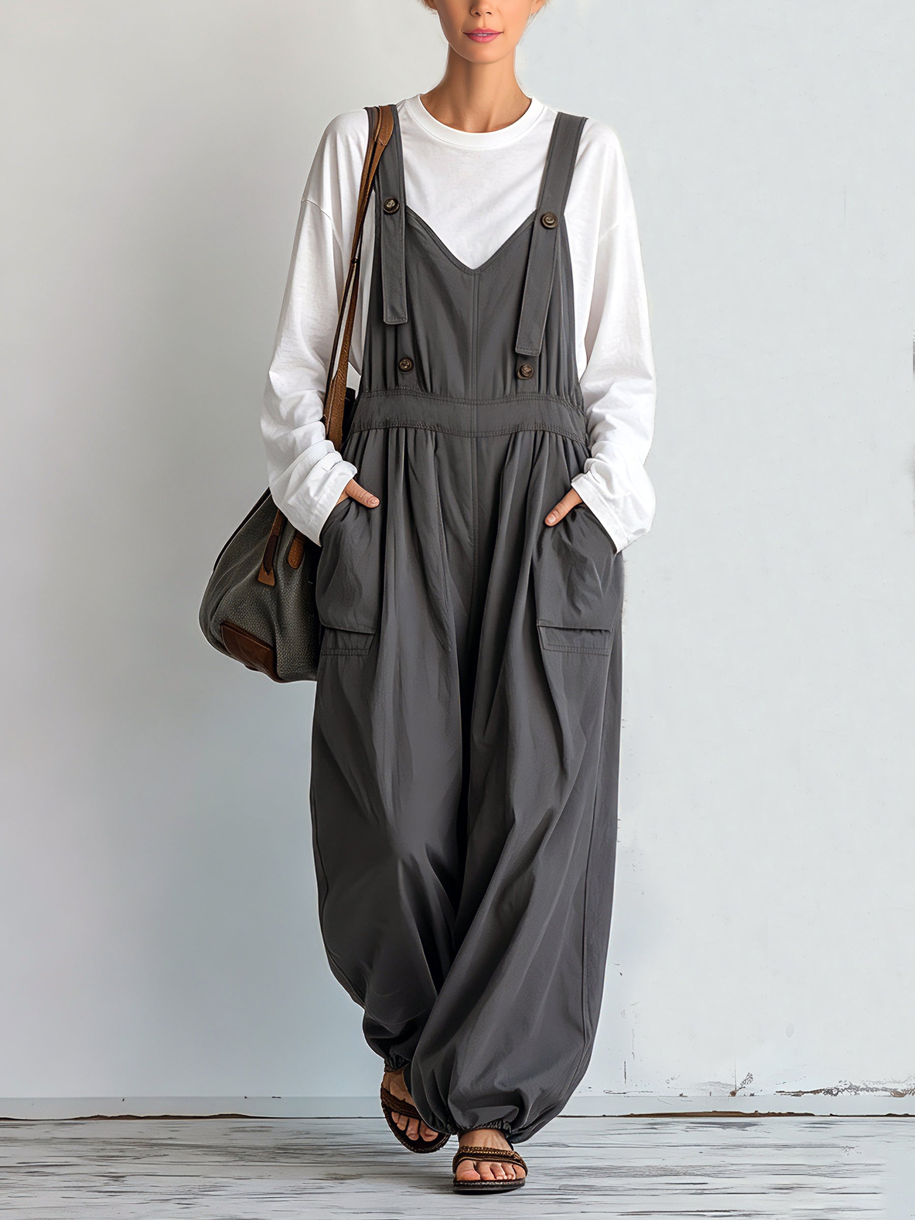 Women’s Casual Utility Overalls With Inner Top – Loose Wide-Leg Cargo Jumpsuit With Adjustable Straps