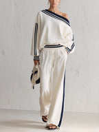 Women’s Off-Shoulder Striped Lounge Set – Relaxed Long Sleeve Top & Wide-Leg Pants