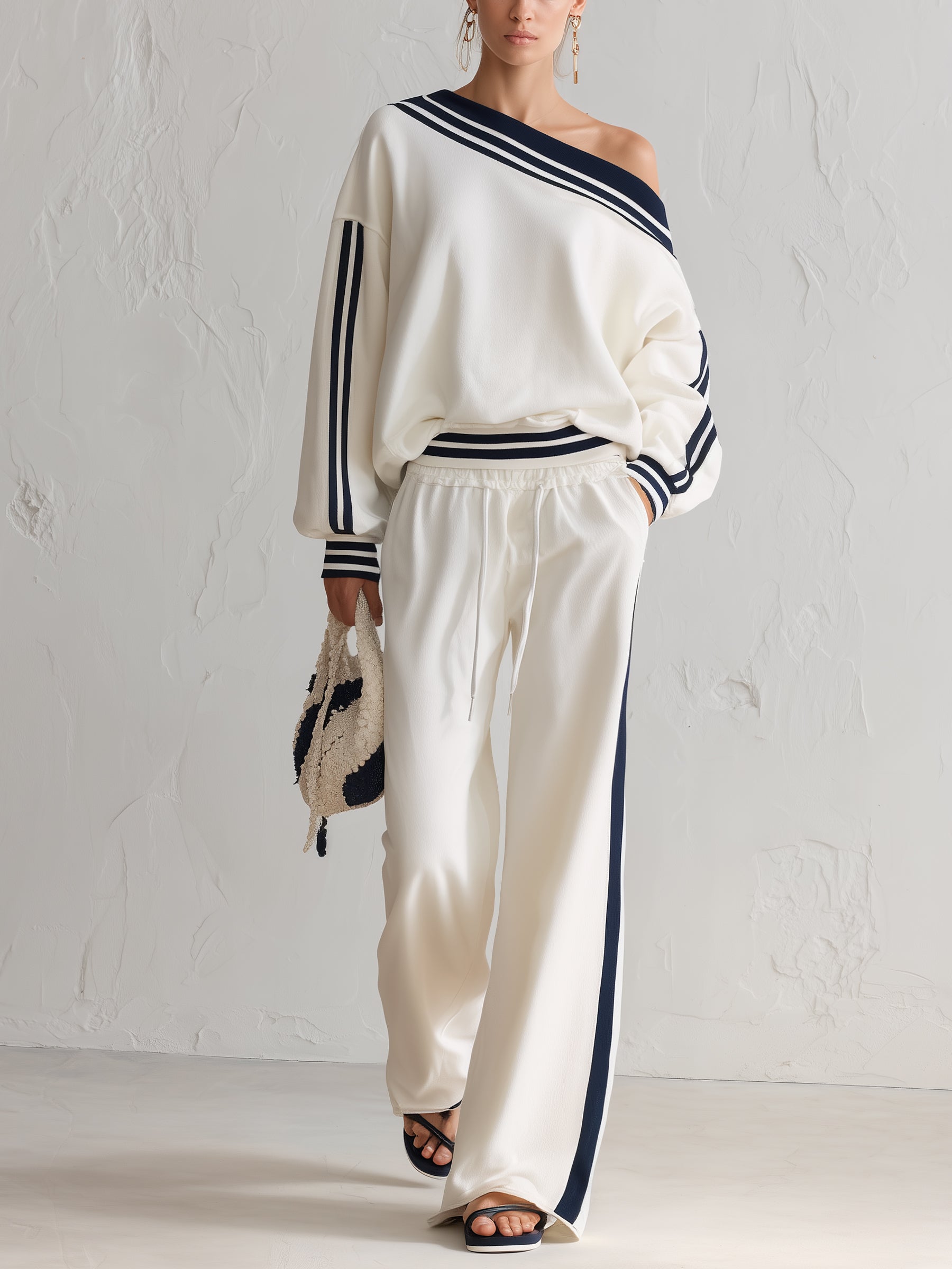 Women’s Off-Shoulder Striped Lounge Set – Relaxed Long Sleeve Top & Wide-Leg Pants