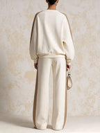 Color Block Long Sleeve Top & Wide Leg Track Pants Two-Piece Loungewear Set