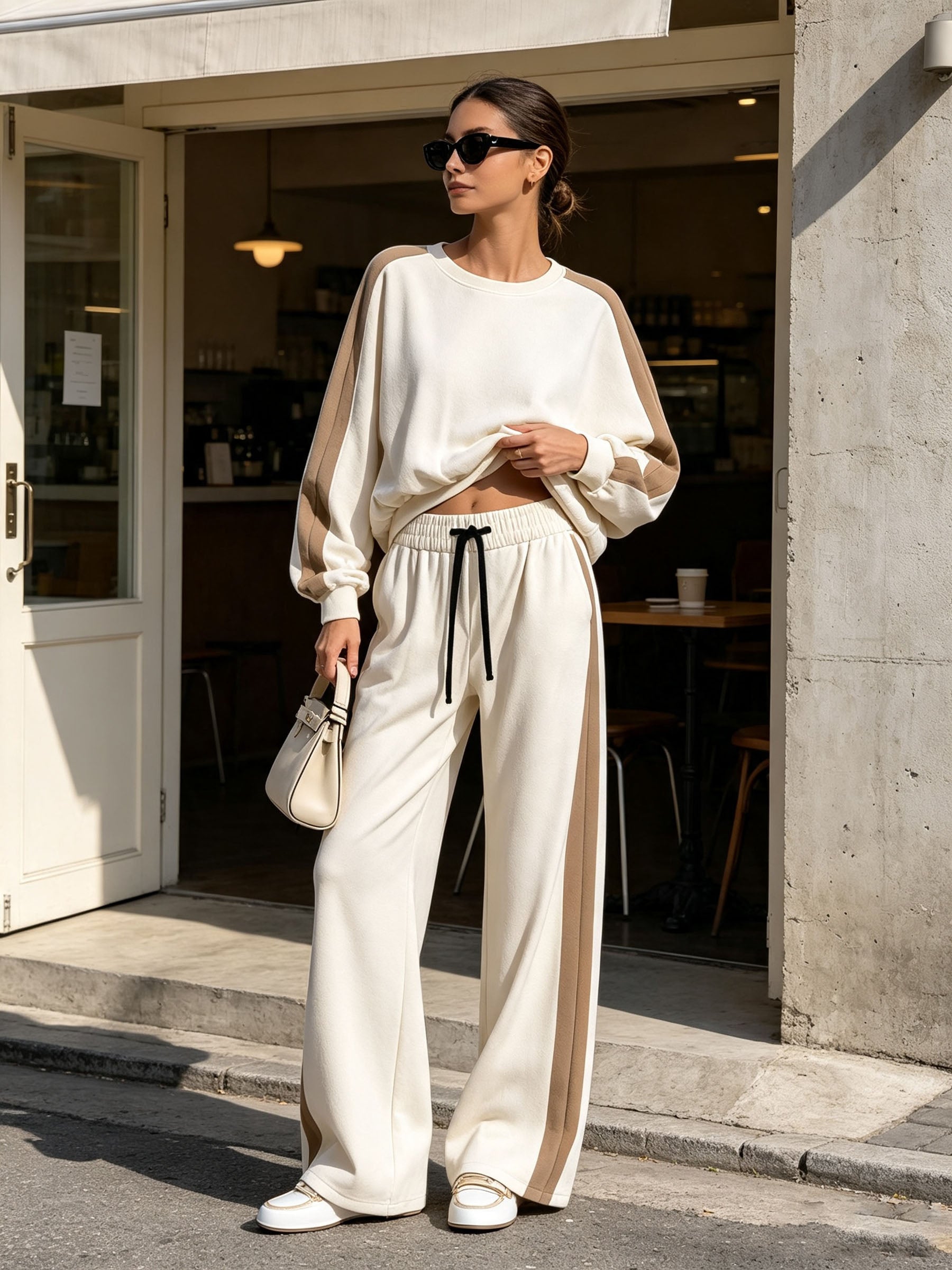 Color Block Long Sleeve Top & Wide Leg Track Pants Two-Piece Loungewear Set