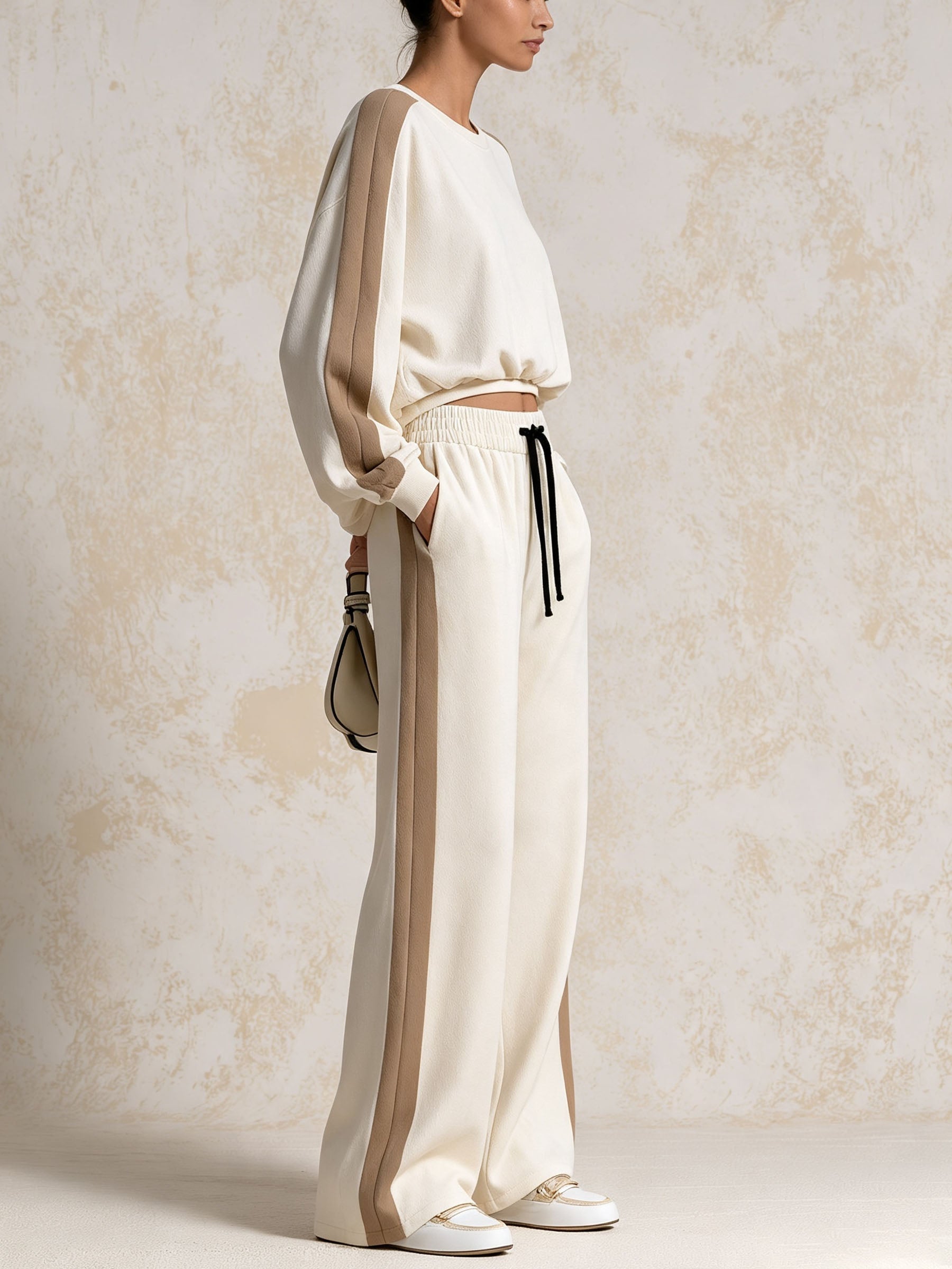 Color Block Long Sleeve Top & Wide Leg Track Pants Two-Piece Loungewear Set