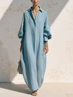 Women’s Linen Maxi Shirt Dress – Minimalist Oversized Casual Dress