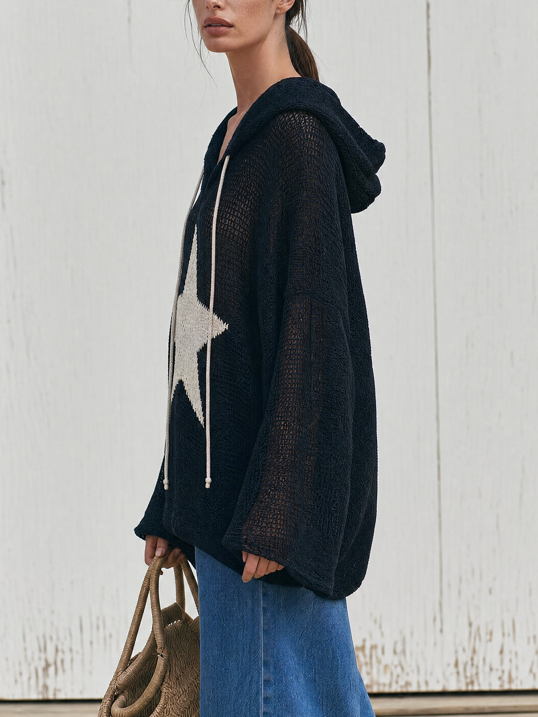 Oversized Mesh Knit Star Hooded Sweater Top