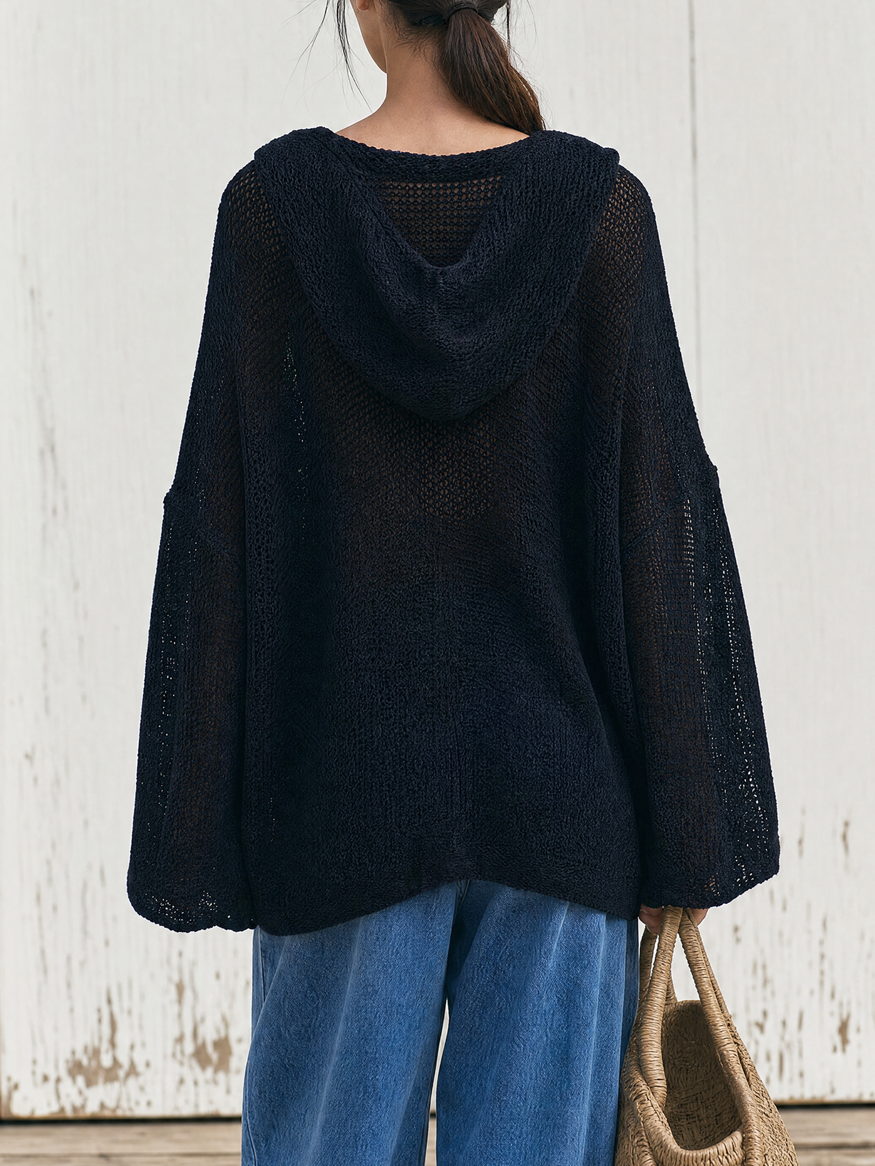 Oversized Mesh Knit Star Hooded Sweater Top