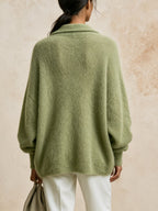 Women’s Sage Green Fuzzy Knit Pullover – Relaxed Fit V-Neck Collared Sweater