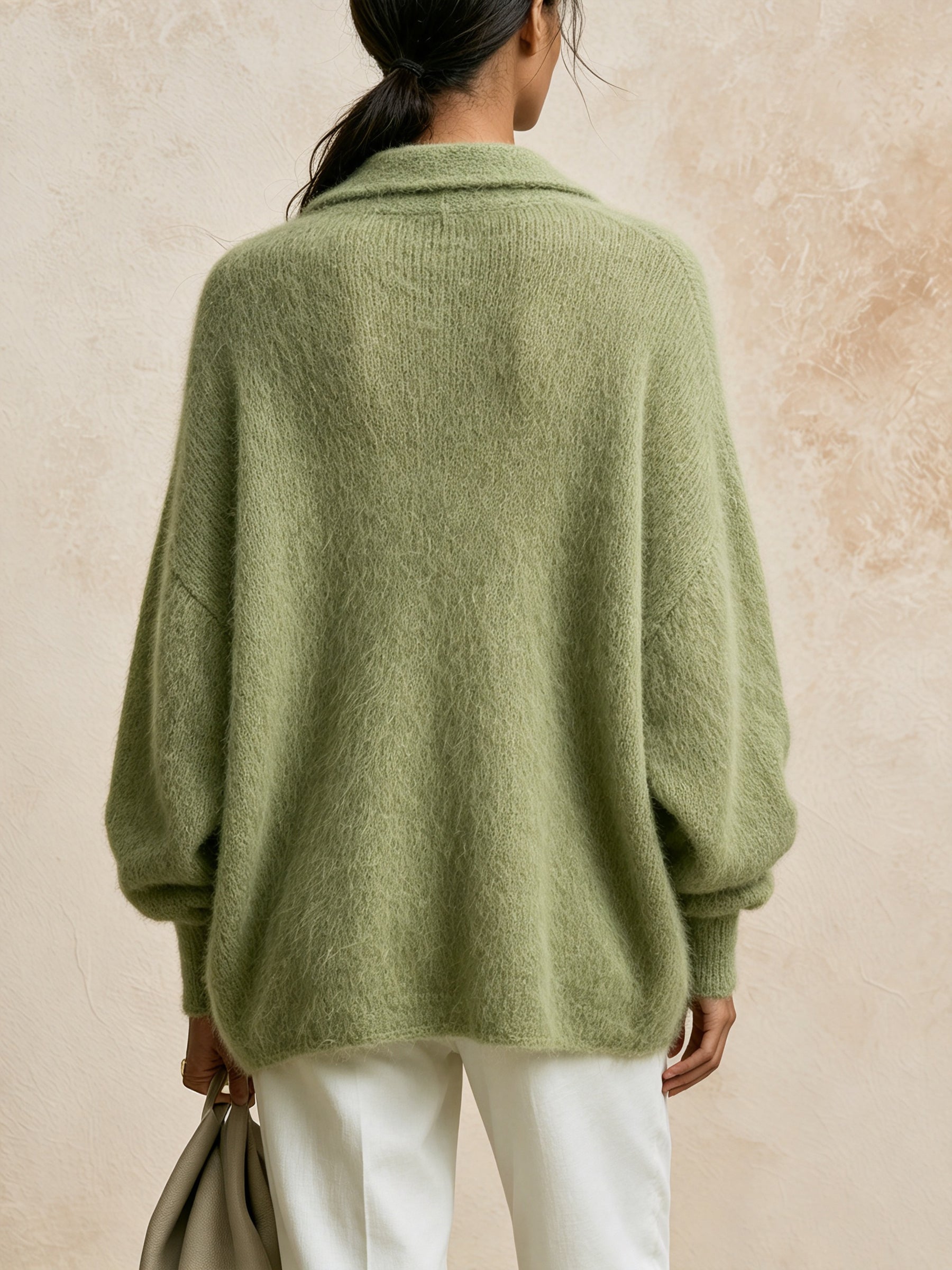 Women’s Sage Green Fuzzy Knit Pullover – Relaxed Fit V-Neck Collared Sweater
