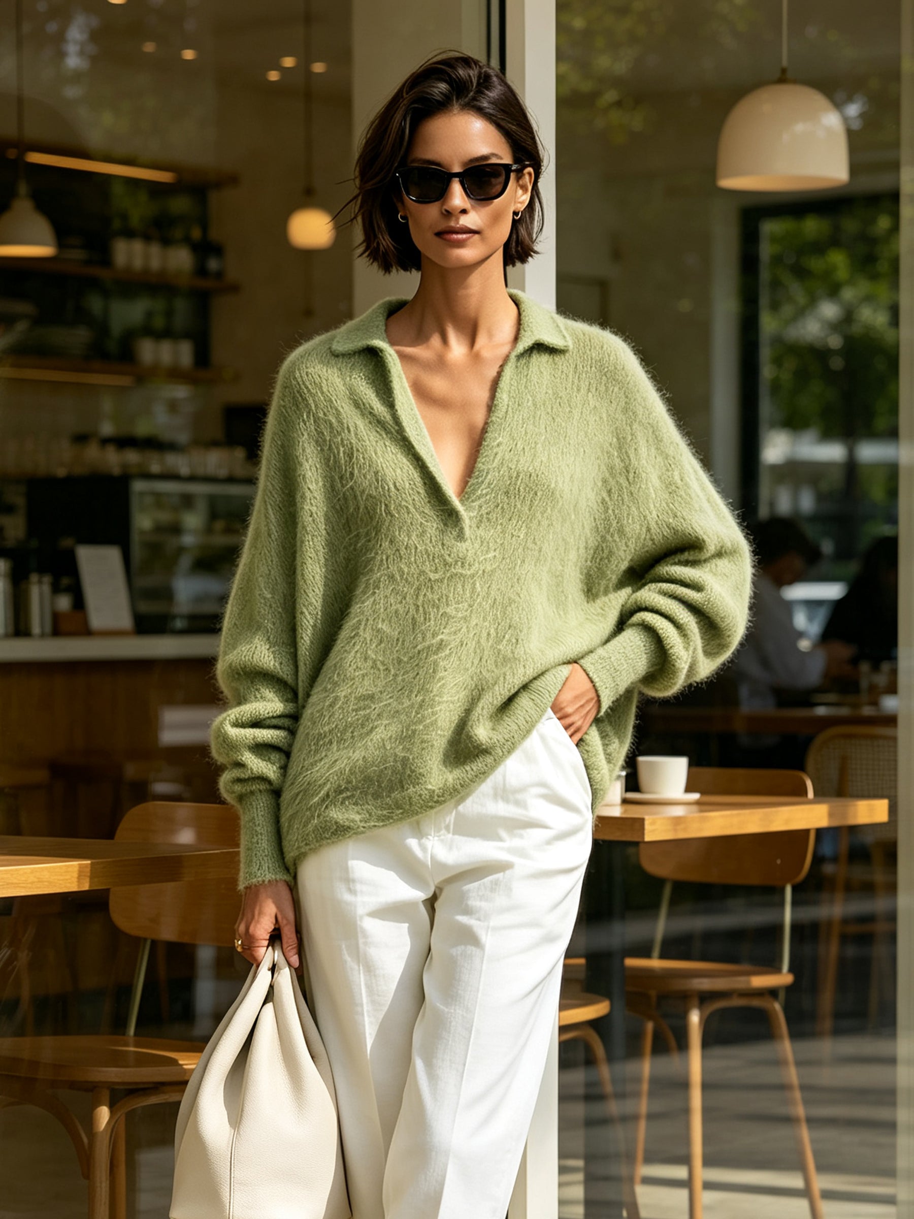 Women’s Sage Green Fuzzy Knit Pullover – Relaxed Fit V-Neck Collared Sweater