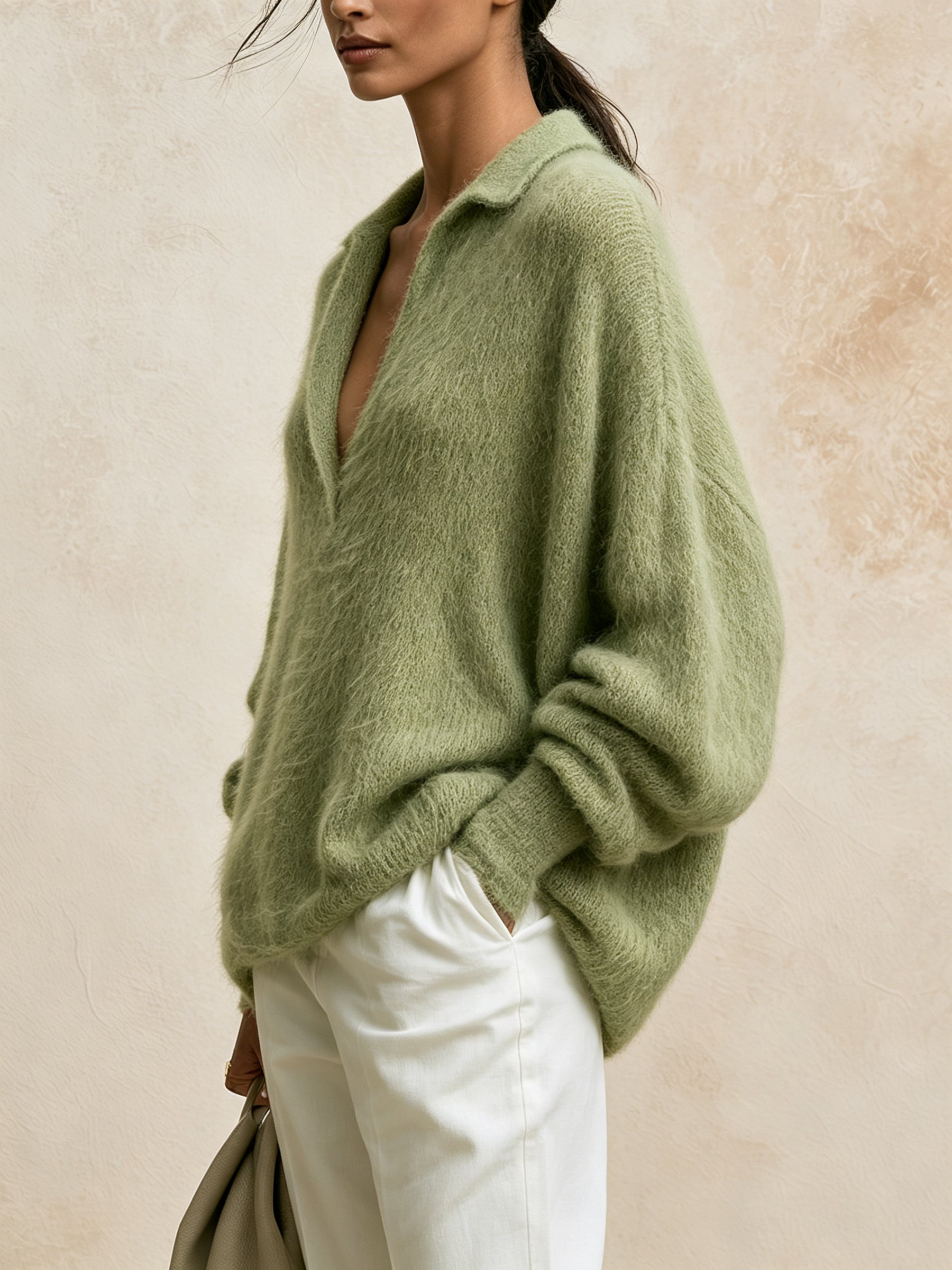 Women’s Sage Green Fuzzy Knit Pullover – Relaxed Fit V-Neck Collared Sweater