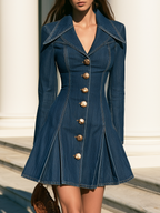 Vintage Large Lapel And Pleated Hem Denim Mini Dress