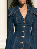 Vintage Large Lapel And Pleated Hem Denim Mini Dress