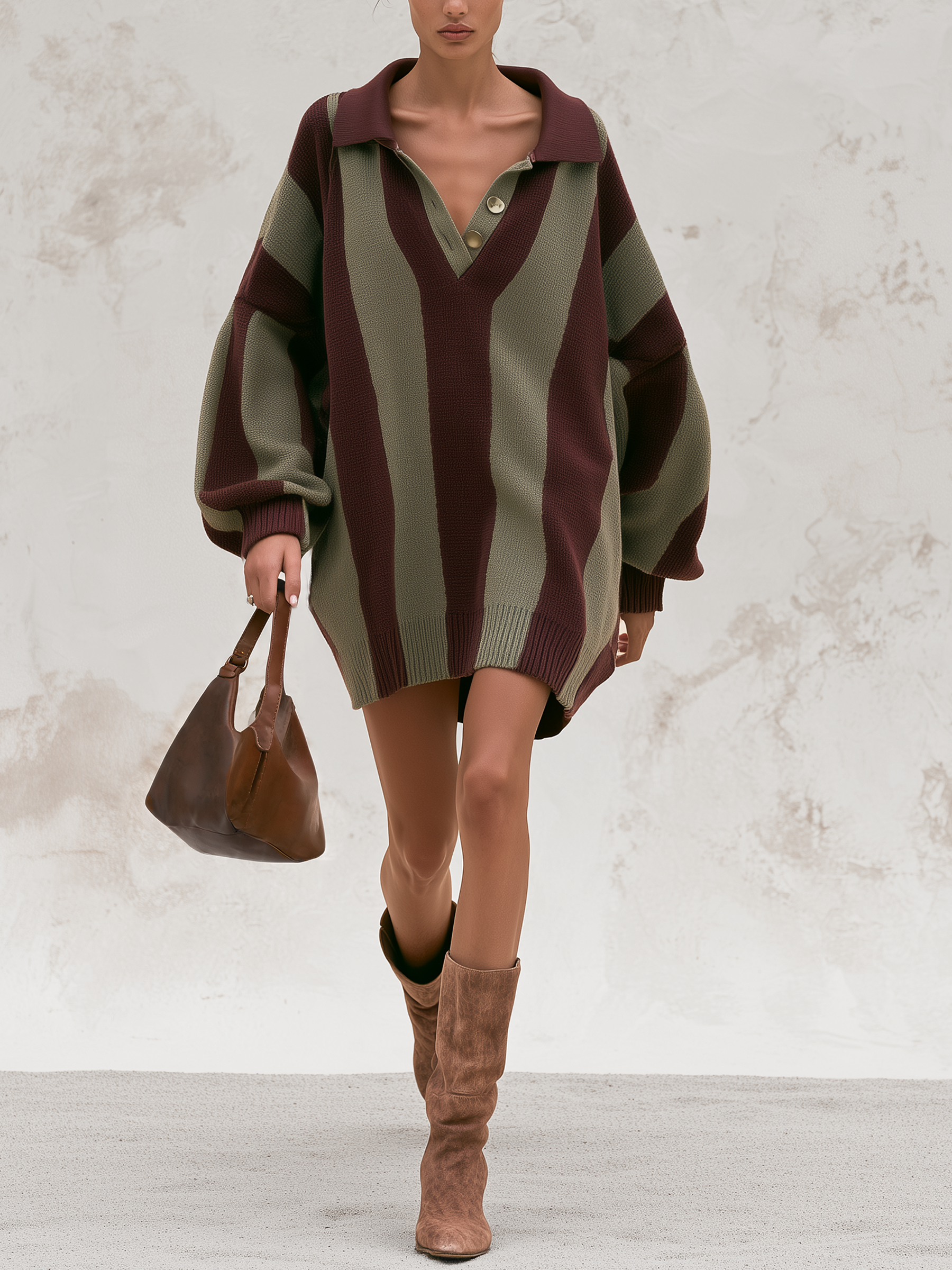 Oversized Vertical Stripe Polo Collar Knit Mini Tunic Dress