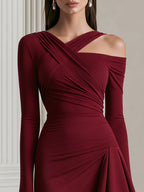 Asymmetric Cutout Ruched Ruffle Midi Dress