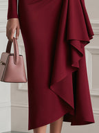 Asymmetric Cutout Ruched Ruffle Midi Dress