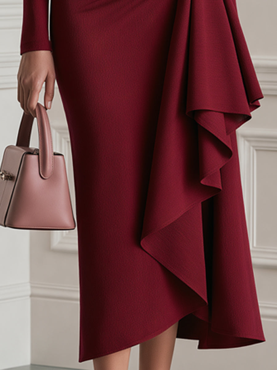 Asymmetric Cutout Ruched Ruffle Midi Dress