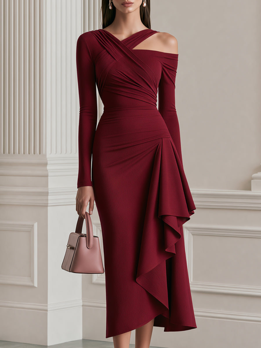Asymmetric Cutout Ruched Ruffle Midi Dress