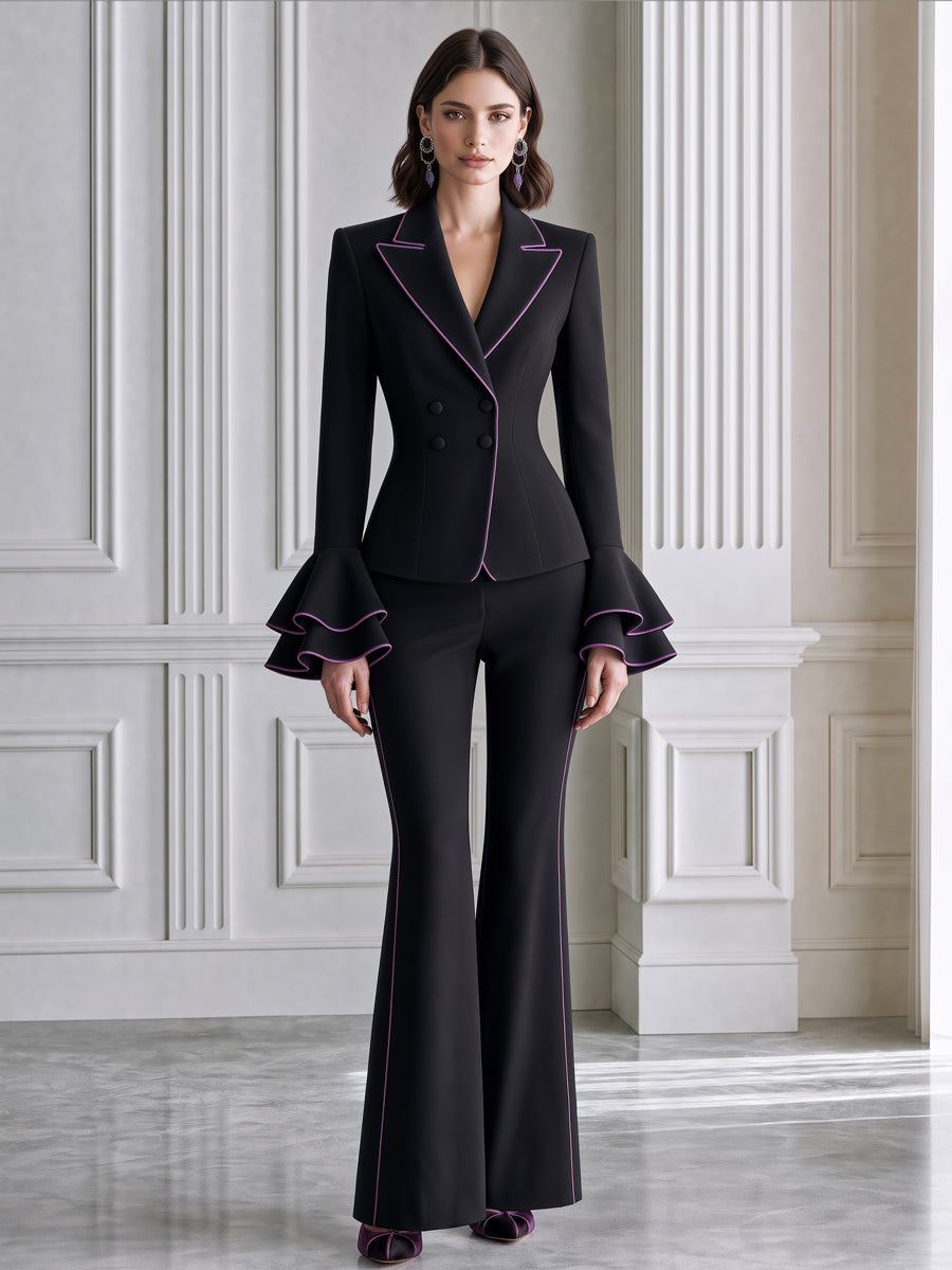 Contrast-Piped Ruffle Cuff Blazer & Flared Pants Set