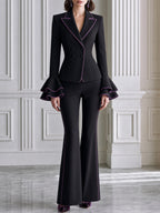 Contrast-Piped Ruffle Cuff Blazer & Flared Pants Set