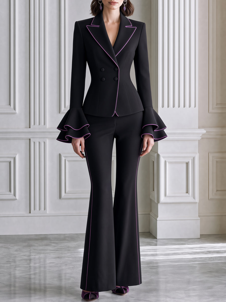 Contrast-Piped Ruffle Cuff Blazer & Flared Pants Set