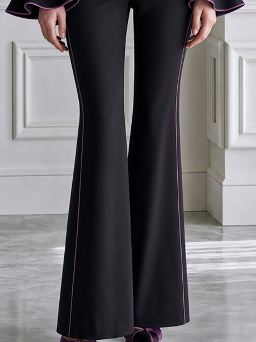 Contrast-Piped Ruffle Cuff Blazer & Flared Pants Set