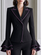 Contrast-Piped Ruffle Cuff Blazer & Flared Pants Set