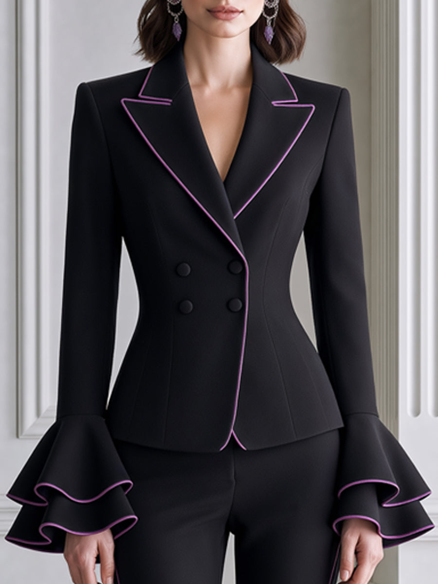 Contrast-Piped Ruffle Cuff Blazer & Flared Pants Set
