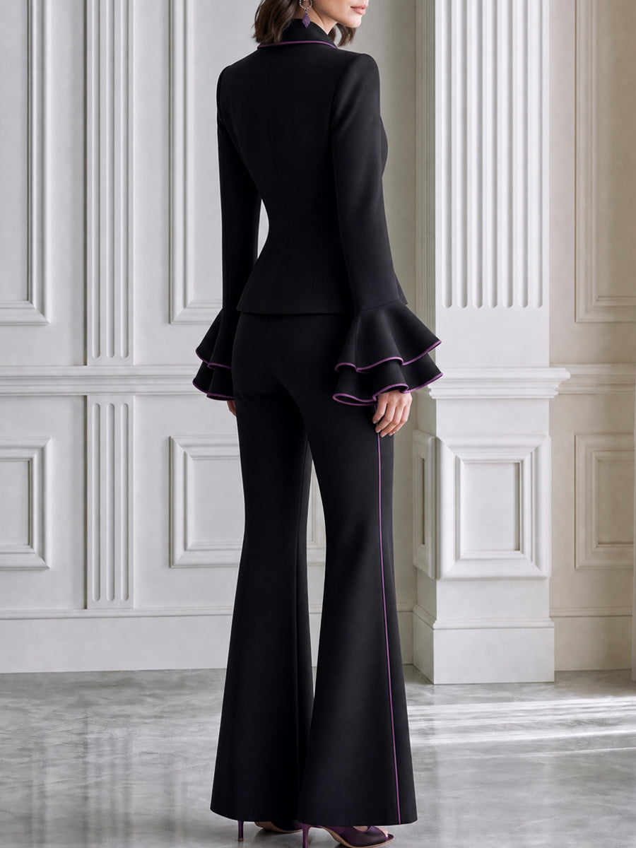 Contrast-Piped Ruffle Cuff Blazer & Flared Pants Set