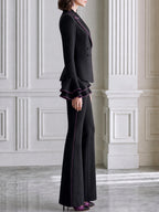 Contrast-Piped Ruffle Cuff Blazer & Flared Pants Set