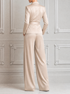 Champagne Fall Fashion Wrap Tie Waist Blazer & Wide Leg Pants Suit Set